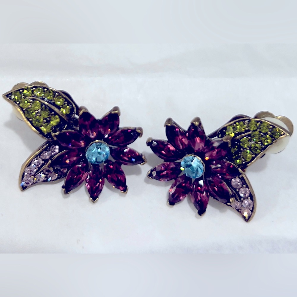 Heidi Daus Signed Purple Flowers Crystal Clip-On Earrings